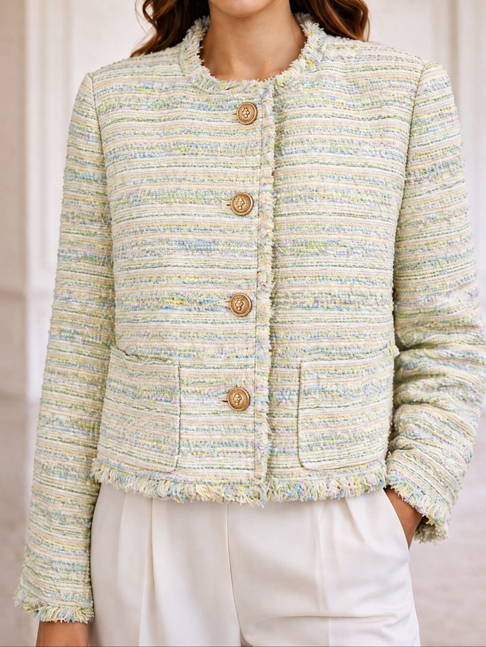 NWT pastel tweed fringe jacket blazer featuring gold buttons Size 14